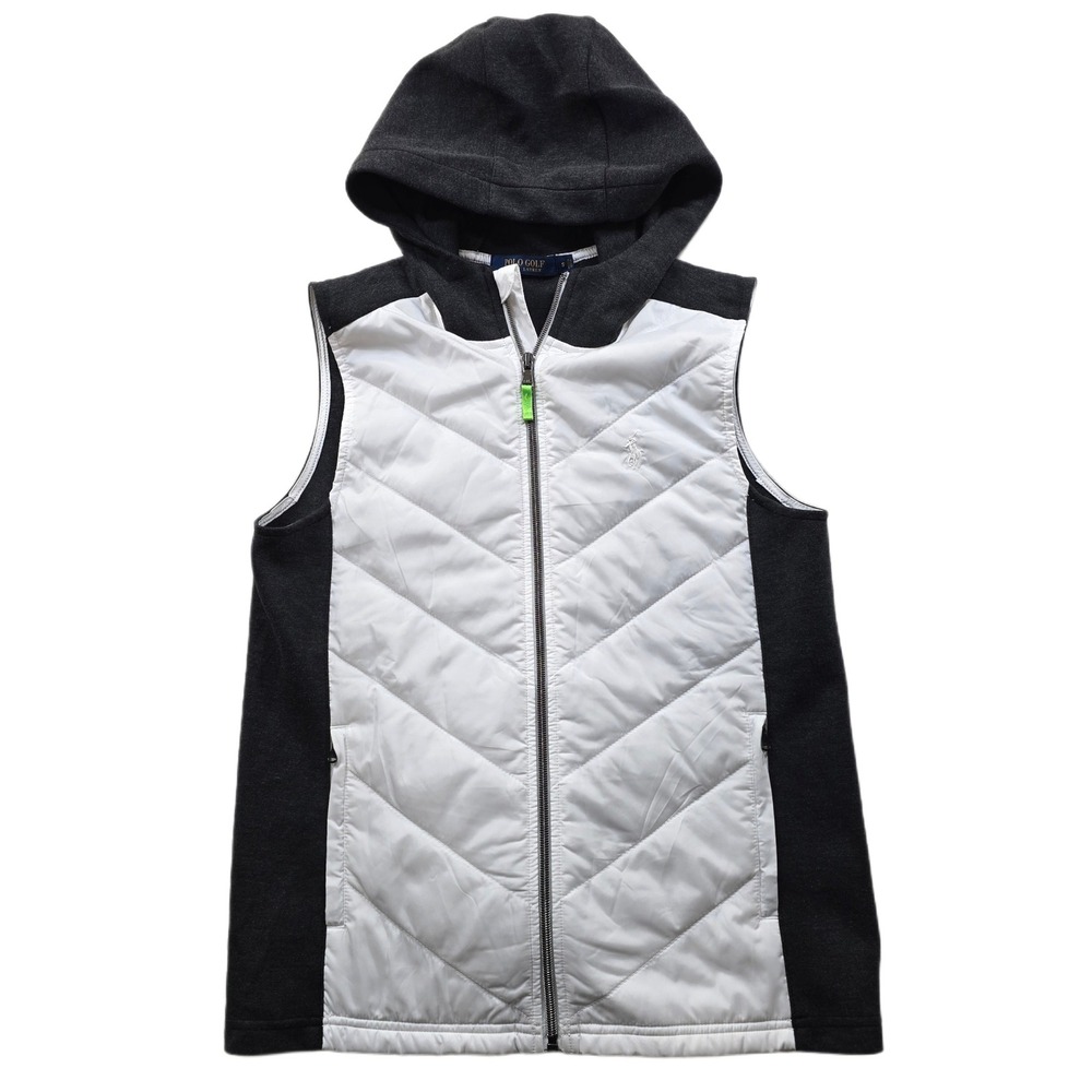 Polo Golf Ralph Lauren Hoodie Vest Womens Small‎ White Grey Quilted Zip Hybrid
